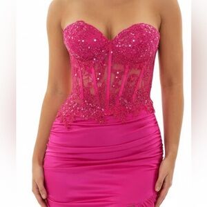 Boutique Hot Pink Strapless Sequin Lace Bodycon Dress